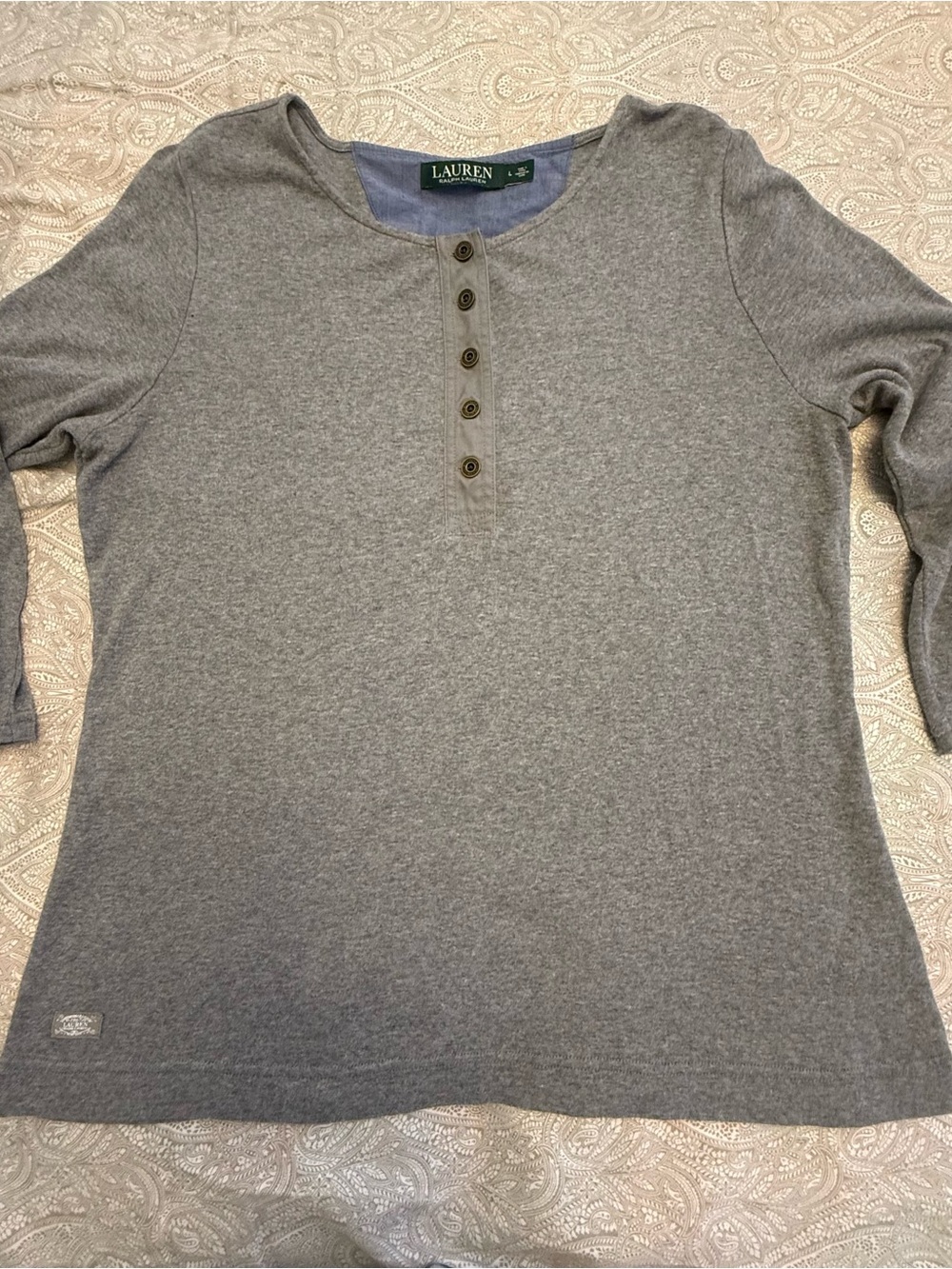 Lauren Ralph Lauren Gray Henley Knit Cotton Top 3/4 Sleeve Button, Women's L